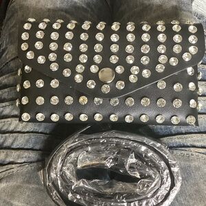 Black Studded Rhinestone Clutch with Silver Accents